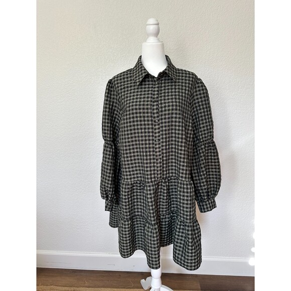 River Island Long Sleeve Tiered Black Green Gingham Button Down Mini Dress Sz 14 - Picture 1 of 9